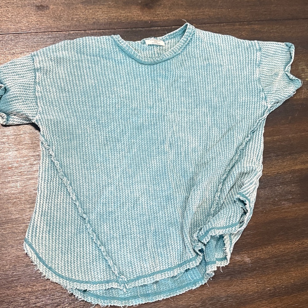 Blue Textured Short Sleeve Top